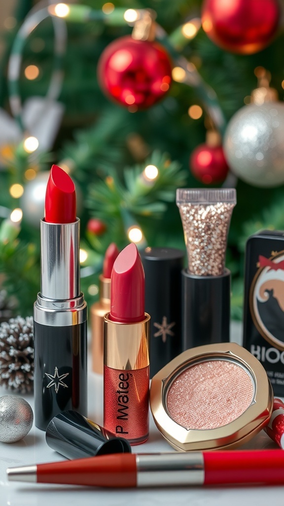 Festive Makeup Ideas for Christmas Celebrations A collection of Christmas makeup products including red lipstick and glitter eyeshadow on a festive background.